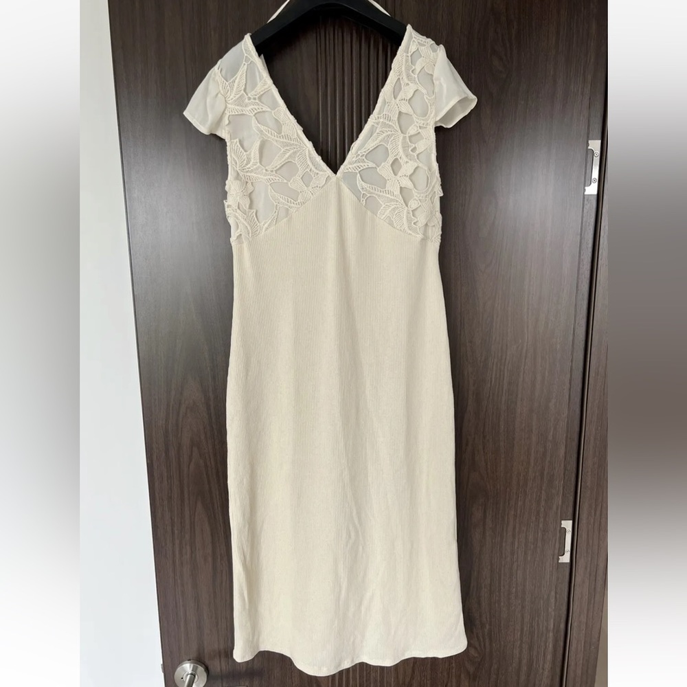 Zara Women's Lace Midi Dress Ribbed Floral Cream Size M NWT